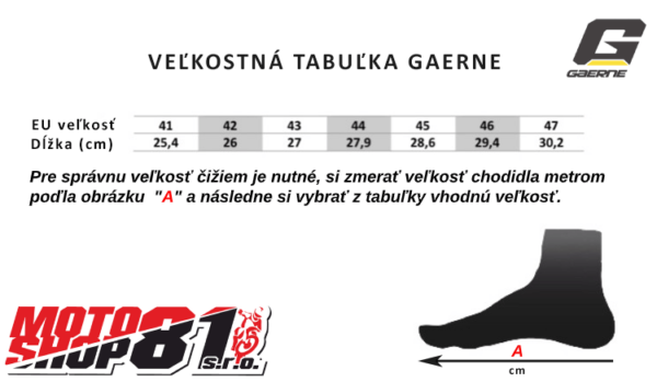 velkostna tabulka čižiem gaerne